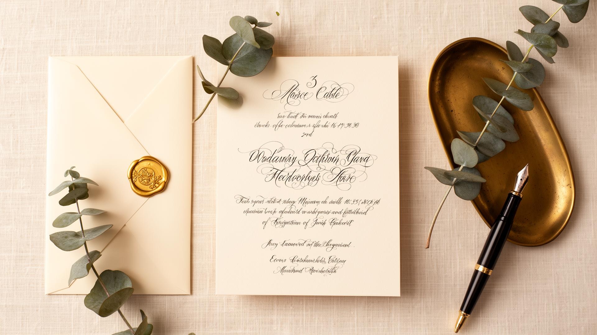 Overhead flat lay of a calligraphed wedding invitation suite with eucalyptus and wax seals