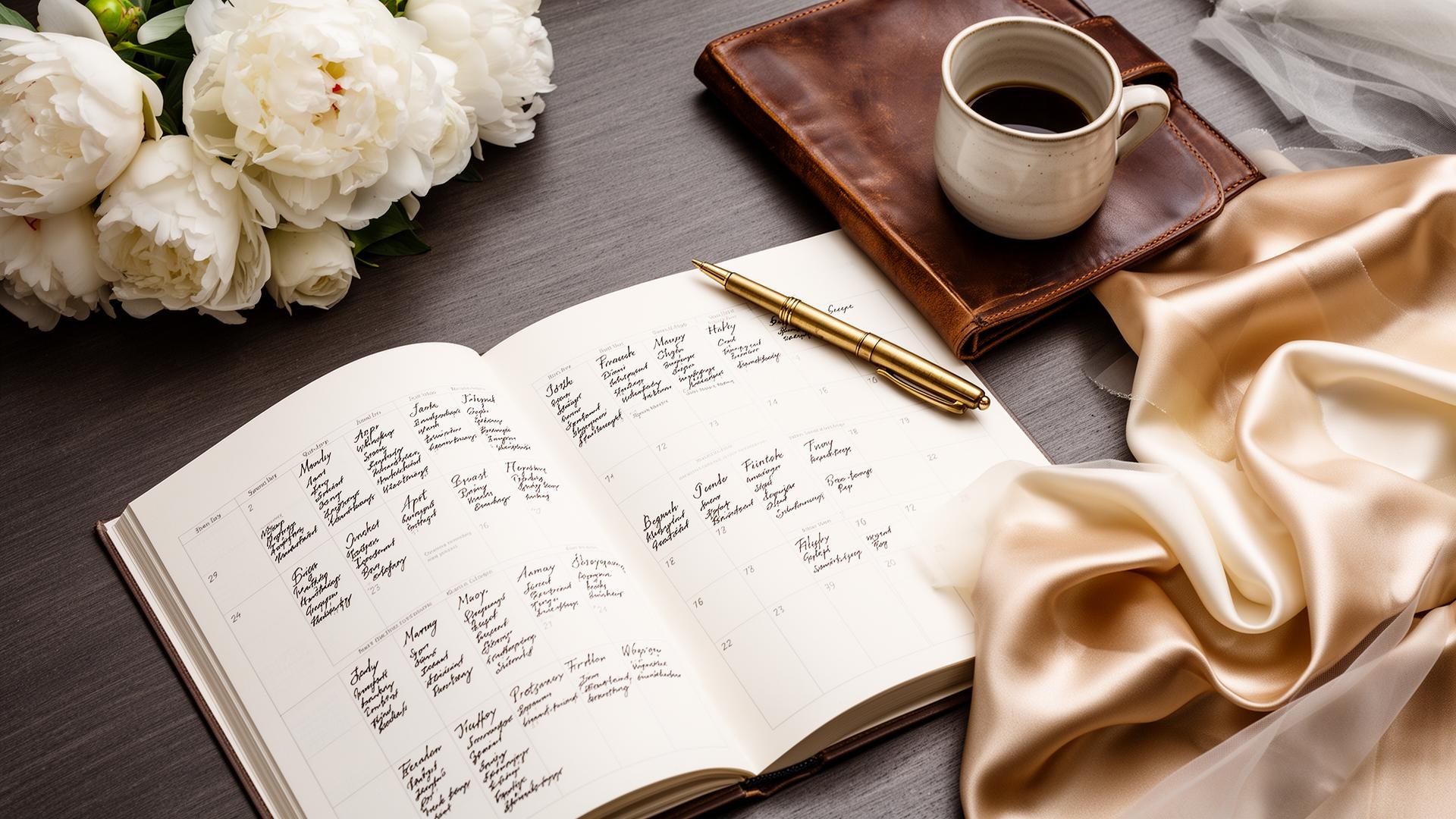 Two brides reviewing a paper wedding planning timeline next to a laptop calendar