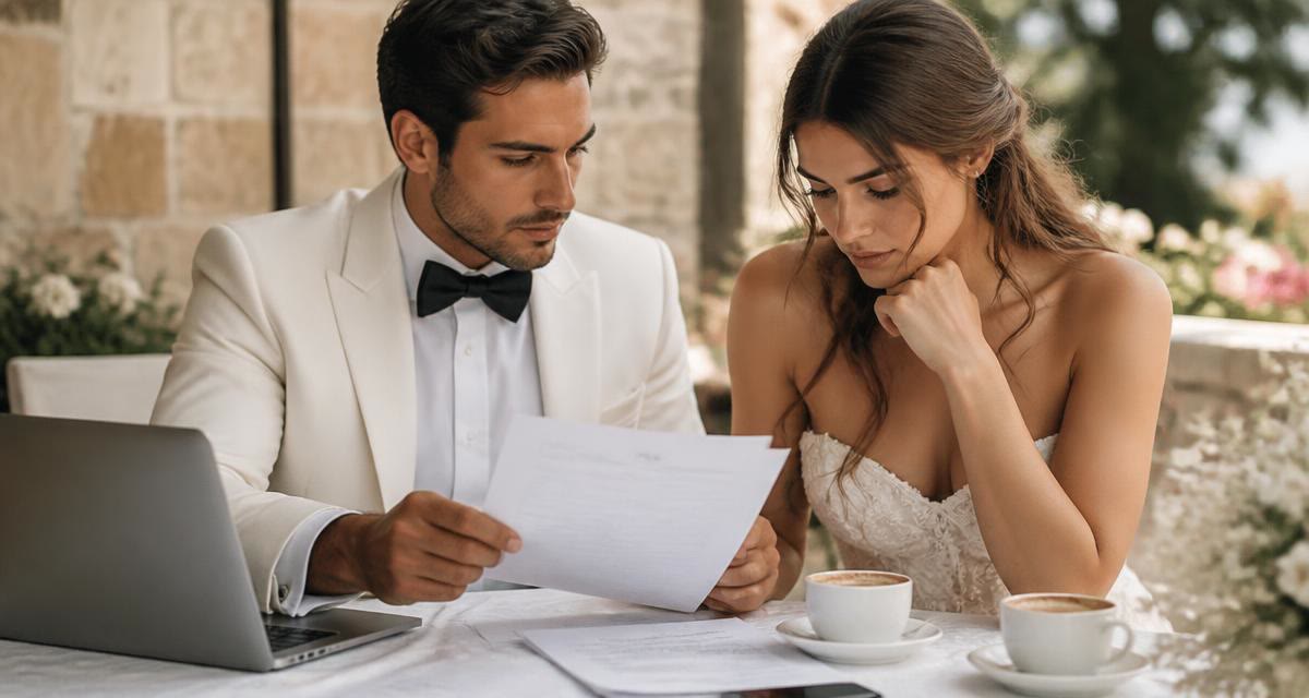 Couple at an outdoor table reading a venue contract with a laptop and coffee between them